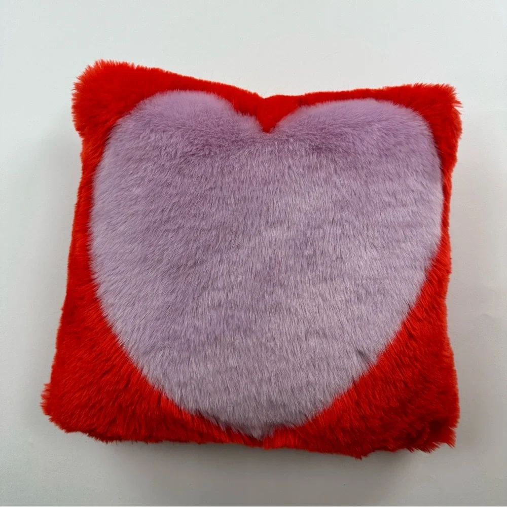 Anthropologie Faux Fur Heart Print Pillow Lilac Red 16 x 16 inches Throw Pillow